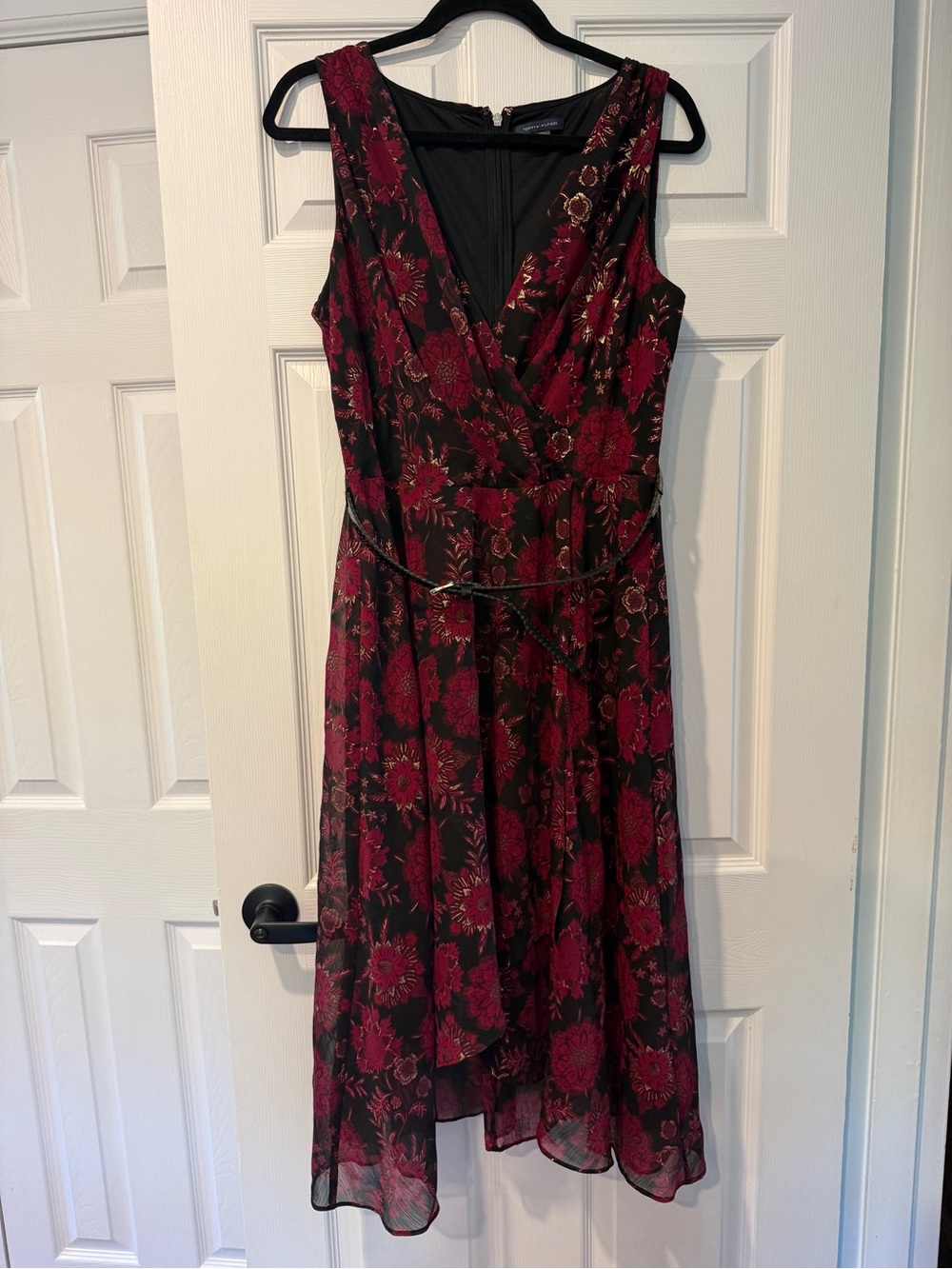 Tommy Hilfiger Black and Burgundy Floral High-Low Dress Size 14